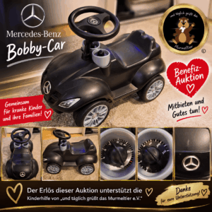 Schwarzes Mercedes-Benz Bobby-Car für eine Benefizauktion von „und täglich grüßt das Murmeltier e.V.“. Der Erlös der Auktion unterstützt die Kinderhilfe für kranke Kinder und Jugendliche. | © und täglich grüßt das Murmeltier e.V. – Kinderhilfe Südpfalz